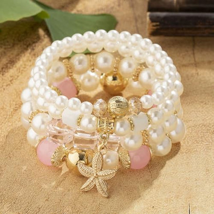 Bohemian Pearl Bracelet Set, 4 Piece Elastic Stretch Beaded Wrist Chain with Starfish Pendant, Boho Faux Pearl Multi-Color Stackable Bracelets for Women - color: Pink