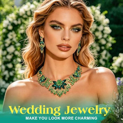 Yonamix Gold Jewelry Set Wedding Rhinestone Necklace Sets for Women | Formal Prom Dinner Party Gala Night Crystal Flower Necklaces Earrings - color: C Green