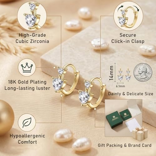 18K Gold Plated Hoop Earrings for Women,14mm Small Minimalist Heart CZ Huggie Hoops,Jewelry Gift for Her