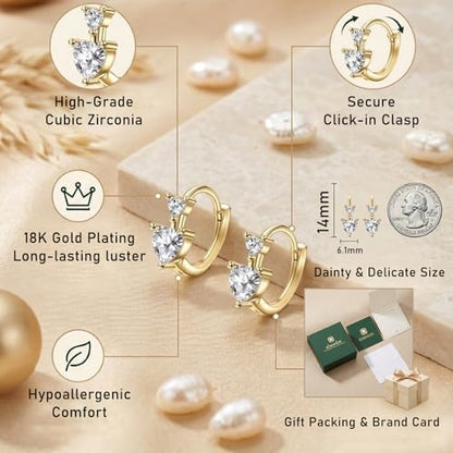 18K Gold Plated Hoop Earrings for Women,14mm Small Minimalist Heart CZ Huggie Hoops,Jewelry Gift for Her