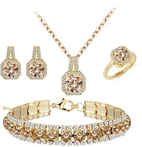 Paxuan 4pcs Cubic Zirconia Wedding Jewelry Sets for Bride Bridesmaid Cubic Zirconia Pendant Necklace Earrings Link Tennis Bracelet Open Ring Set for Women - color: Gold Plated Champagne Cubic Zirconia