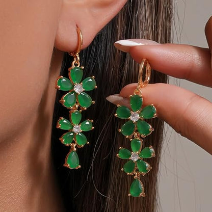 18K Gold Plated Flower Dangle Earrings for Women, Hypoallergenic Cubic Zirconia Earrings, Elegant CZ Drop Earrings, Statement Jewelry Gifts Party Fashion - style: 7098-Flower-Green