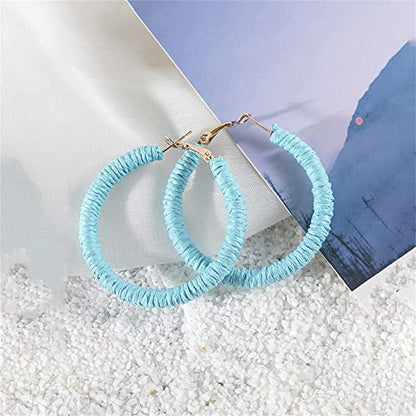 Handmade Rattan Earrings - Large Circle Braided Straw Wicker Drop Earrings - Light Weight Summer Hoops - color: E blue