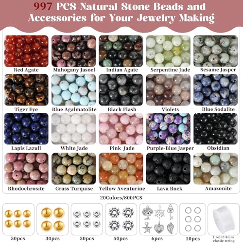 Zefy 996 Pcs 6mm Natural Stone Beads, Beads for Jewelry Making (20 Colors) | Round Crystals Bead Genuine Real Stones, Gemstone Beads Kit with Spacer Beads Charms for Bracelets DIY Jewelry Making