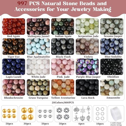 Zefy 996 Pcs 6mm Natural Stone Beads, Beads for Jewelry Making (20 Colors) | Round Crystals Bead Genuine Real Stones, Gemstone Beads Kit with Spacer Beads Charms for Bracelets DIY Jewelry Making
