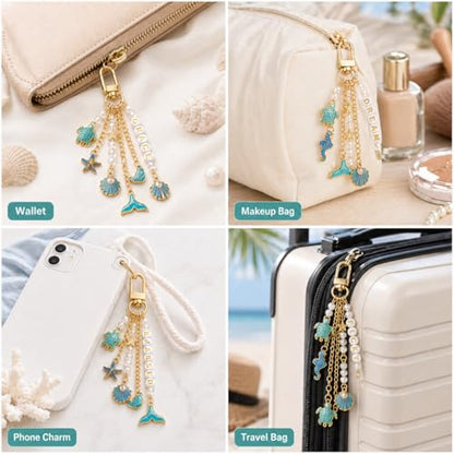 XUHAO7 781Pcs DIY Keychain Making Kit Beach Crafts Set | Seashell Starfish Pearl Letter Beads with Tools & 5 Velvet Pouches, DIY Bag Charm Kit for Women Girl - size: Ocean