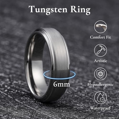 King Will Classic Tungsten Wedding Band for Men, 6/7/8/9/10mm Widths, Polished Finish Step Edge Matte Rings Comfort Fit - color: D-gunmetal 6mm