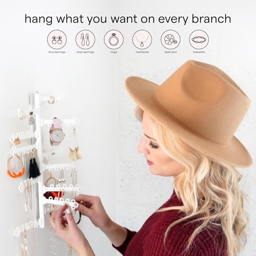 12-Tier Hanging Wall Jewelry Organizer, Earring,Necklace,Ring Holder-White | Large Capacity with 120 Earring Holes, Rotating Branches, genuine 3M Command Strips, Bracelet, Ring & Necklace Storage - color: White 12-Tier