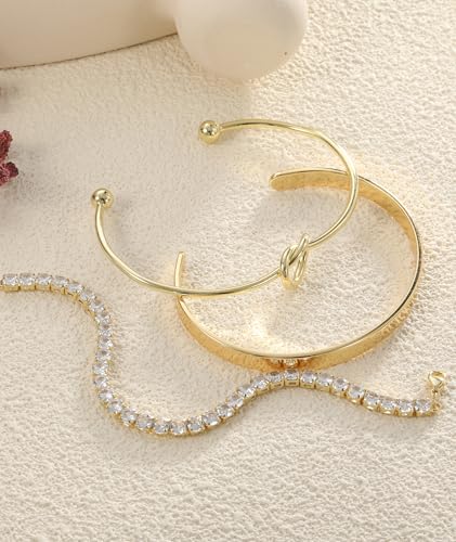 ZOERAY Silver Gold Bangle Bracelets for Women Non Tarnish 14k Gold Plated Stackable Cuff Bracelets for Women Trendy Cubic Zirconia Stainless Steel Chunky Bracelet Stack Set Waterproof Jewelry Gifts - color: A.Knot-Gold