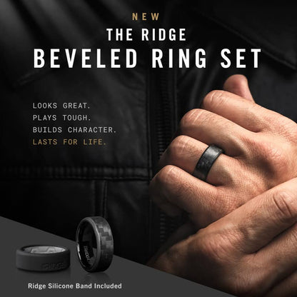 The Ridge Tungsten Rings For Men - Mens Wedding Band - Strong, Durable, and Scratch-Resistant Beveled Ring With Silicone Band - color: Carbon Fiber 3K