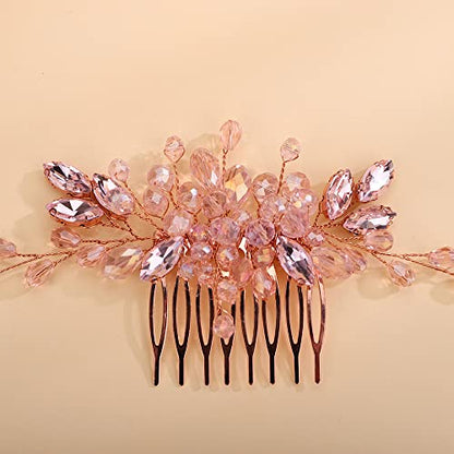 Teyglen Dainty Simple Full Rhinestones Hair Comb Pink Rose Gold Bride Wedding Hair Comb Luxurious Shiny Crystal Bridal Side Hair Pieces Hair Accessories for Women Girls (Pink) - color: Pink