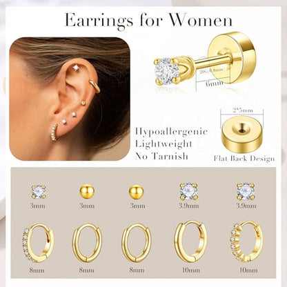 Turandoss 10 Pairs Gold Hoop Earrings for Women | 14K Gold Plated Stud Hoop Earrings, Flat Back, Cartilage Earring Stacks, Multiple Piercing, Hypoallergenic - color: 14K Gold Plated