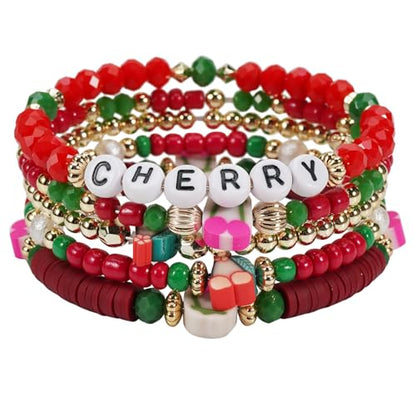 Twinfree Bohemian Cute Fruit Banana Cherry Strawberry Pineapple Mango Polymer Clay Beaded Stackable Stretch Bracelets - color: color 21