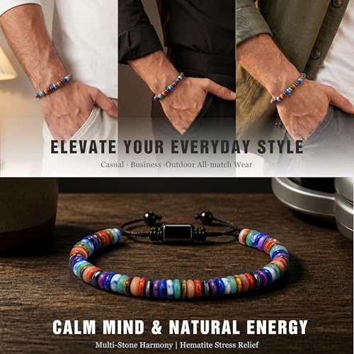 Natural Stone Beaded Bracelet for Men Women Boho Adjustable - color: Rainbow Aura