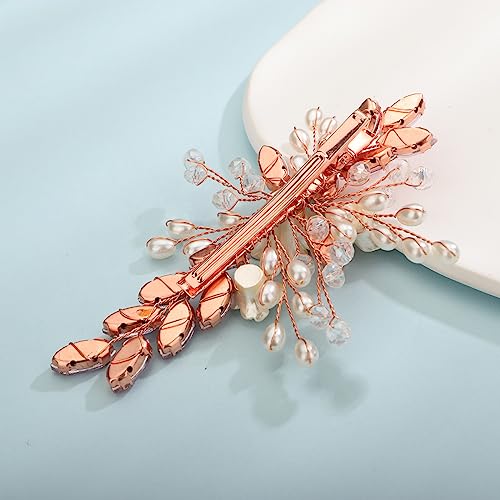 Xerling Pink Rhinestones Crystal Flower Hair Barrettes Clip Boho Bridal Pearl Hair Jewelry Accessories for Women Wedding Floral Headpieces (Pink) - color: Pink