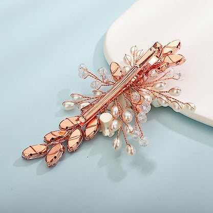 Xerling Pink Rhinestones Crystal Flower Hair Barrettes Clip Boho Bridal Pearl Hair Jewelry Accessories for Women Wedding Floral Headpieces (Pink) - color: Pink
