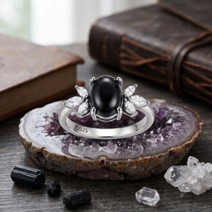 MRENITE Oval Floral Ring for Women S925 Sterling Silver Gemstone Ring for Her Anniversary Birthday Engagement Promise Jewelry Gift - color: Black Onyx