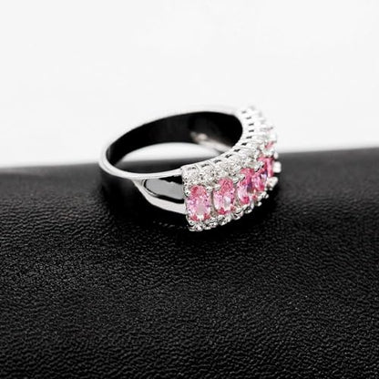 Uloveido Beautiful Women's 7 Stones Wedding Band Oval Cubic Zirconia Engagement Anniversary Rings J501 - color: Platinum-Pink