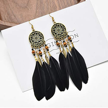 Dreuyet Boho Long Feather Drop Dangle Earrings for Women Retro Bohemian Ethnic Fringe Multicolor Tassel Feather Earring Handmade Statement Dream Catcher Earrings Jewelry - color: Black Round Flower