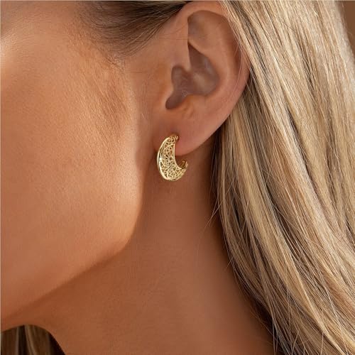 LLWOM Vintage Earrings,14k Gold Plated Gold Pearl,Moon, Star,Flower Earrings Hypoallergenic Lightweight Hoops Gifts - style: Moon Earrings