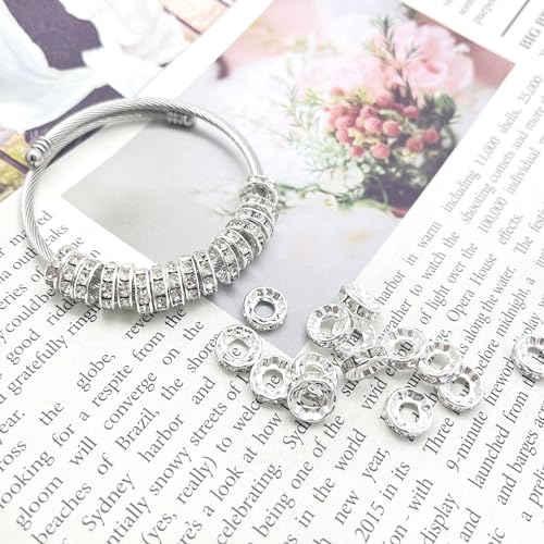 100pcs Large Hole Rhinestone Spacer Beads 10mm Silver Plated Czech Crystal Rhinestone for DIY Jewelry Making Charms Bracelet (Silver) - color: Silver