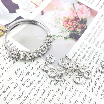 100pcs Large Hole Rhinestone Spacer Beads 10mm Silver Plated Czech Crystal Rhinestone for DIY Jewelry Making Charms Bracelet (Silver) - color: Silver