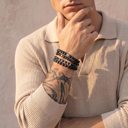 Flybar Men's 4 Piece Beaded Bracelet Set, Natural Lava Stone Black Onyx Matte Agate Tiger Eye, Stretchable Elastic Handmade Stackable - color: MK03 Rock Obsidian Wood