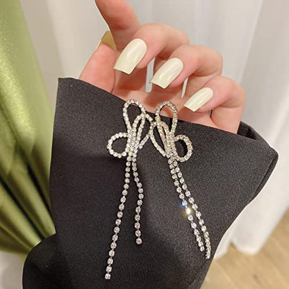 Luxval Rhinestone Earrings Dangling for Women Sparkly Silver Dangle Earrings Girls Long Chandelier Earrings Tassel Lightweight Ear Studs Cubic Zirconia Crystal Statement - color: Silver-Bow