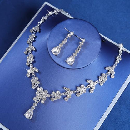 Crystal Crown and Tiara Jewelry Set for Women Bride with Necklace Earrings | Metal Rhinestone Royal Queen Princess Jewelry Set Wedding Quinceanera Pageant Prom Birthday Halloween Party Costume Gift - color: Style E-Silver