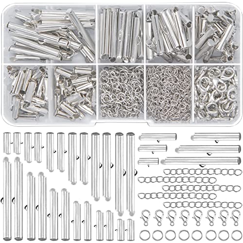 All Size Slider Clasp for Beading Slide Tube Cord Ends with Open Jump Ring Lobster Clasp Chain Extender Jewelry Finding Kit for Beading Necklace Bracelet Jewelry Making (6 Sizes, Silver) - color: silver