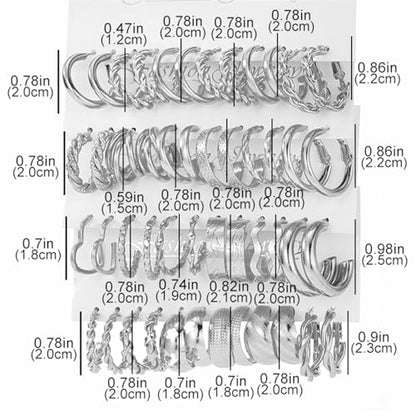 IFKM 24 Pairs Gold Hoop Earrings Set for Women Hypoallergenic Chunky Chain Twisted Open Hoops Dangle Earring Packs for Birthday Party Christmas Fashion Jewelry Gift - color: 24 Fashion silver