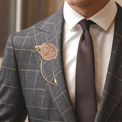 Gold Lapel Pin for Men, Gold Foil Brooch Men's White Flower Satin Lapel Pin with Metal Chain for Suits Professional Tuxedo Groom Wedding Brooch - color: Champagne