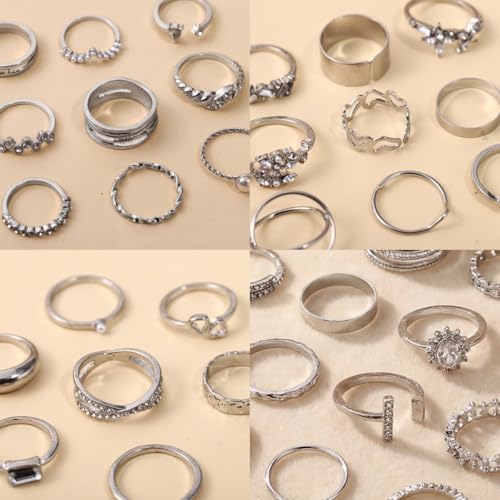 42-Piece Gold Tone Stackable Ring Set for Women, Boho Minimalist Stacking Rings with Crystal & Heart Accents, Adjustable Open Band Jewelry for Daily Wear - style: ZH00102