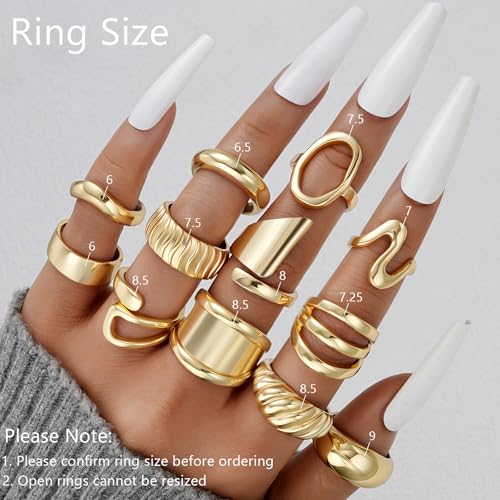 17 MILE Chunky Gold Stackable Rings for Women Non Tarnish, 18K Gold-Plated Statement Open Stacking Rings, Knuckle Band Ring Set - color: 12 Pcs Gold