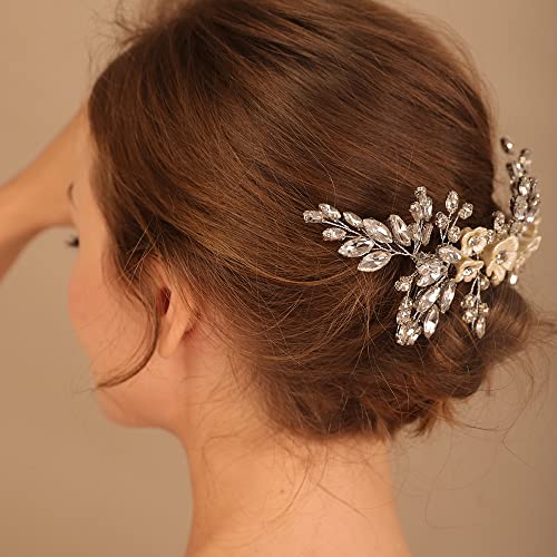 Bridal White Flower Champagne Gold Crystal Rhinestone Hair Comb for Bride Bridesmaid Sliding side Headpieces Wedding Hair Accessories for Women and Girls (Champagne gold) - color: Champagne gold