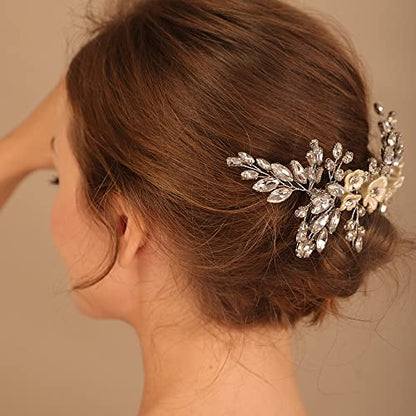 Bridal White Flower Champagne Gold Crystal Rhinestone Hair Comb for Bride Bridesmaid Sliding side Headpieces Wedding Hair Accessories for Women and Girls (Champagne gold) - color: Champagne gold