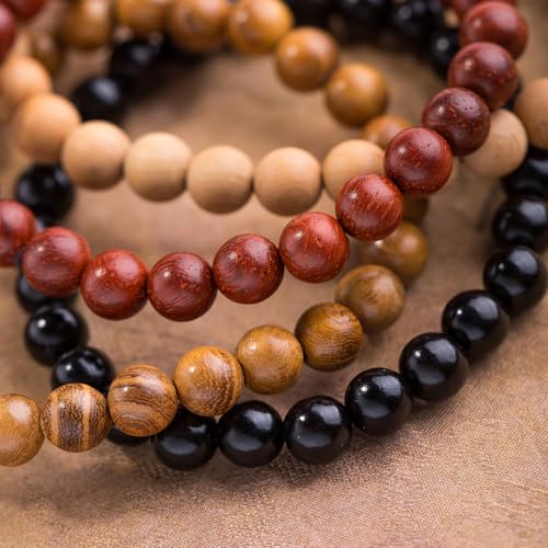 6Pcs 8mm Wooden Beaded Bracelet Bangle for Men and Women Elastic