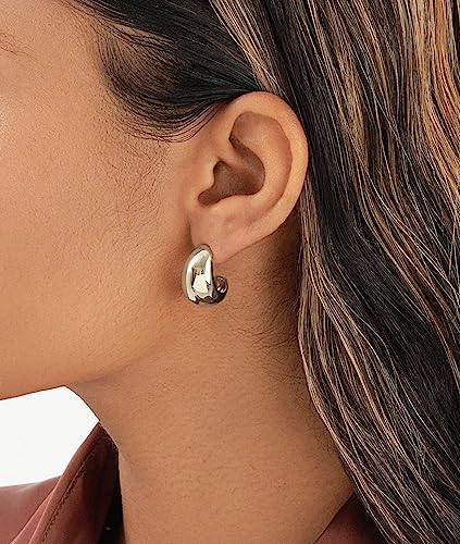 Chunky Gold Hoop Earrings for Women 14k Gold Plated Thick Triple Earrings | Hypoallergenic Trendy Chunky Gold Hoops Earrings,Dainty Jewelry Gifts for Women - style: Silver polished hoop earrings
