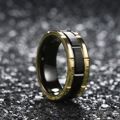 (8mm) Unisex or Men's Tungsten Carbide Wedding Ring Band. Black and Yellow Gold Brick Pattern Comfort Fit Grooved Ring. - size: 10