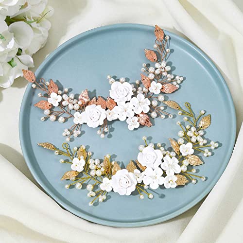 Flower Bride Wedding Hair Vine Pearl Bridal Hair Piece Leaf Hair Accessories Rhinestone Headband for Women (Rose Gold) - color: Rose Gold