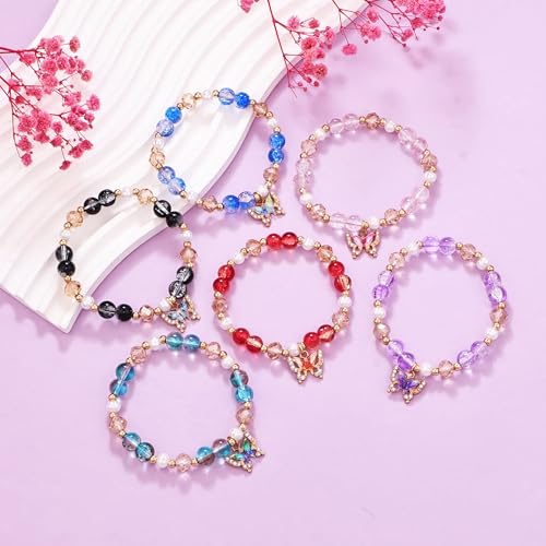 12 Pcs Butterfly Glass Beaded Stretch Bracelets for Women, 6 Colors Crackle Crystal Bead Elastic Bracelet Set with Enamel Charm, Stackable Handmade Jewelry Gift for Daily & Party Wear