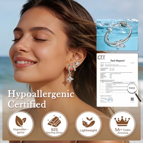 14K Gold Hoop Dangle Stud Earrings Surgical Steel Helix Piercing | Hypoallergenic,Cubic Zirconia,3 Pairs Huggie Hoop Set for Women,Dangle Stud,Cartilage Tragus Conch Earring,Jewelry Gift - color: K2-Silver Clover CZ