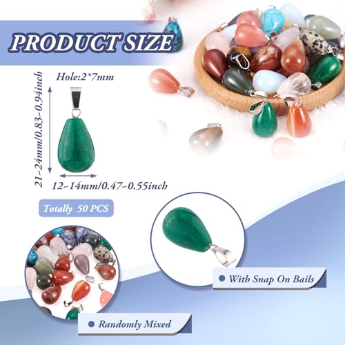 50Pcs Water Drop Stone Pendants Teardrop Healing Crystal Quartz Chakra Gemstone Rock Charms Random Mixed for Necklace Jewelry Making Hole: 2x7mm - color: 1-Mixed Color-Teardrop-Random*