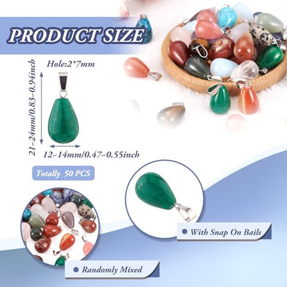 50Pcs Water Drop Stone Pendants Teardrop Healing Crystal Quartz Chakra Gemstone Rock Charms Random Mixed for Necklace Jewelry Making Hole: 2x7mm - color: 1-Mixed Color-Teardrop-Random*