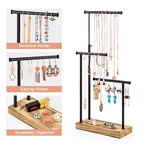 SRIWATANA Carbonized Black Jewelry Organizer Stand, Tall Necklace Holder | 3-Tier 360° Rotating Tall Jewelry Tree with Adjustable Height for Necklaces, Earrings, Bracelets, and Ring Tray - color: carbonized black and black