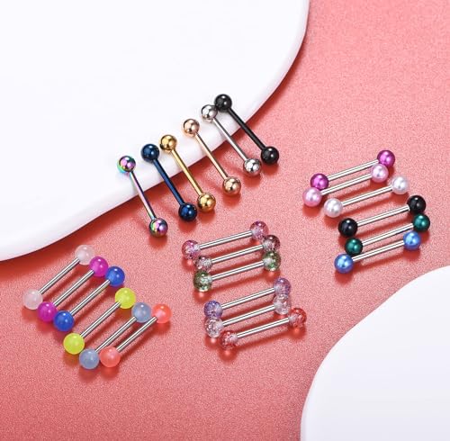VCMART Nipple Rings Tongue Rings Stainless Steel 14G Straight Barbells Piercing Jewelry 12mm,14mm,16mm,18mm - color: 9 -16mm