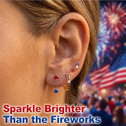 3 Pairs Dainty Small Earrings Set for Women Trendy, Birthstone Stud Huggie Hoop Jacket Stack for Cartilage Helix, Gold Plated Hypoallergenic Cute Women Fashion Accessories Western Jewelry Gifts - color: 4th of July earrings(Gold Red White Blue)