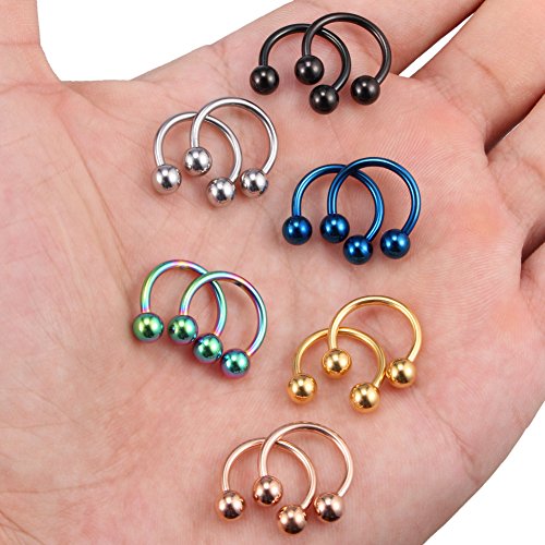 SCERRING 12PCS 10-14mm Stainless Steel Nose Horseshoe Hoop Rings Eyebrow Lip Ear Tragus Septum Piercing Hanger Retainer 16G 14G 12G - style: 14G - Inner Dia. 12mm