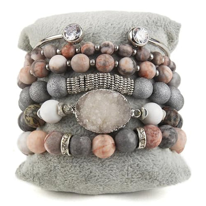 Yomisa Boho Beaded Bracelets/Bangle for Women,Multilayer 5/6/7PCS Healing Natural Handmade Stone Bead Bracelets Stackable Stretch Friendship Beaded Bracelet Set Trendy Western Bohemian Jewelry Gift - color: 5pcs-Zebra Jasper