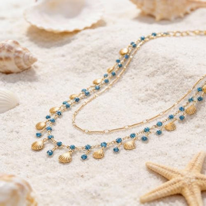 Layered Shell Necklace for Women Gold Seashell Charm Necklace with Crystal Style Drops Tropical Beach Vacation Jewelry Summer Outfit Accessories for Dresses Swimsuits Cruises and Gifts - color: A1:shell necklace